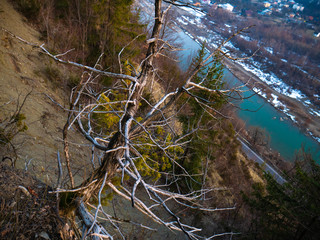 Mountain river valley landscape. View from the cliff to the mountains and the river