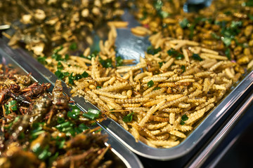 Street market showcase with cooked insects in Thailand