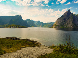 Naklejka premium Fjord and mountains landscape. Lofoten islands Norway