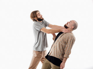 Two men showing choking gesture, aggression, murder, isolated white background, copy space, he has...