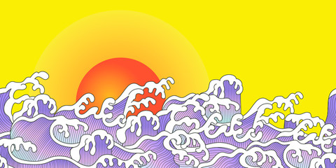 horizontal banner of ocean wave and sunset in Chinese style. Suitable for wallpaper and event decoration.
