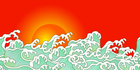 Fototapeta na wymiar horizontal banner of ocean wave and sunset in Chinese style. Suitable for wallpaper and event decoration.