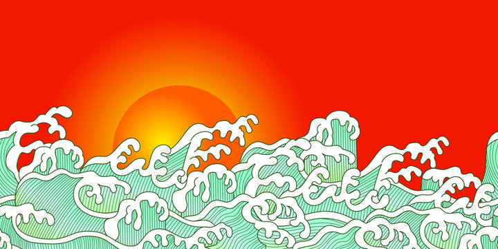 horizontal banner of ocean wave and sunset in Chinese style. Suitable for wallpaper and event decoration.