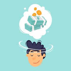 Man dreams of money. Flat design vector illustration.
