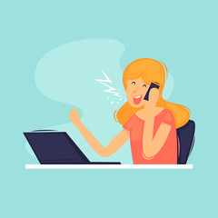 Woman sitting near laptop talking on the phone, secretary, office life, businesswomen. Flat design vector illustration.