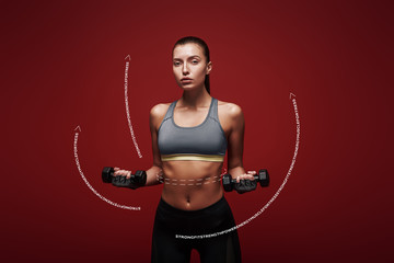 Be an inspiration. Sportswoman holds dumbbells standing over red background. Graphic drawing.