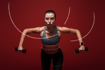 Everyday is a choice. Sportswoman holds dumbbells standing over red background. Graphic drawing.