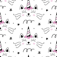 Vector Cat unicorn Caticorn seamless pattern