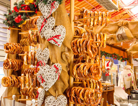 Traditional market in Alsace. Typical french pastry called pretzel. 