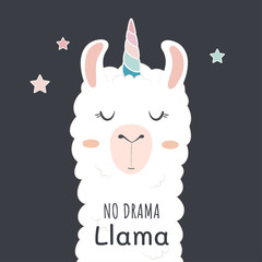 Cute llama head with unicorn horn. no drama llama motivational quote.