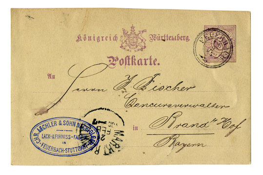 Old postcard of the late 19th century, business letter, Coat of arms, postmark, stamp. 1885, Kingdom of württemberg, German Empire, Germany