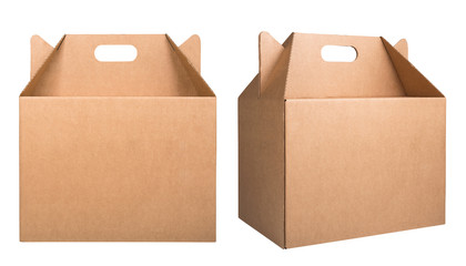 Set of two cardboard boxes isolated on white background. Set of brown cardboard boxes