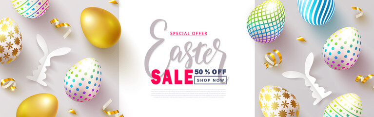 Happy Easter Sale banner.Beautiful Background with colorful eggs, paper bunnies and golden serpentine. Vector illustration for website , posters,ads, coupons, promotional material