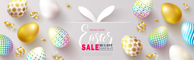 Happy Easter Sale banner.Beautiful Background with colorful eggs and golden serpentine. Vector illustration for website , posters,ads, coupons, promotional material