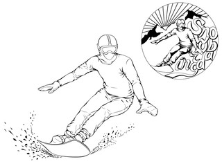 Snowboarder with a board on his shoulders. Winter sports background. Black and white linear art and logo