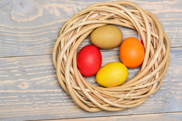 Spring holiday. Holiday celebration, preparation. Egg hunt. painted eggs in nest. copy space. Healthy and happy holiday. Happy easter. Greeting easter
