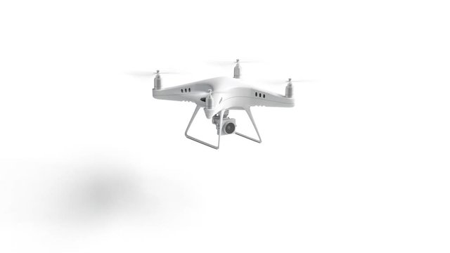 Blank white quadrocopter flying mockup, looped switch, isolated, 3d rendering. Empty flight helicopter mock up. Clear hover over drone for outdoor surveillance template.