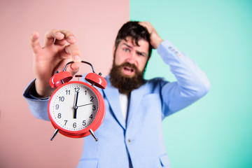 How much time left till deadline. Time to work. Man bearded stressful businessman hold clock....