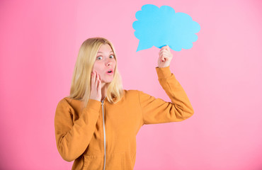 Ideas and thoughts copy space. Girl cute blonde with speech bubble. Thought of inspired adorable woman. Idea and inspiration. What is on her mind. Think about. Fresh idea. Idea and creativity concept
