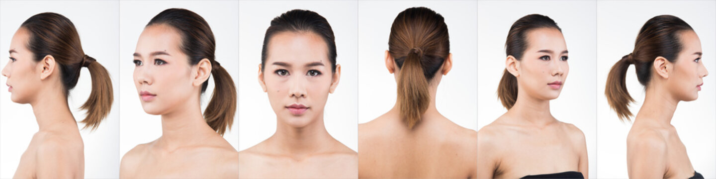 Asian Woman Before After Applying Make Up Hair Style. No Retouch, Fresh Face With Acne, Lips, Eyes, Cheek, Nice Smooth Skin. Studio Lighting White Background, For Aesthetics Therapy Treatment