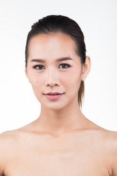 Asian Woman after applying make up hair style. no retouch, fresh face with acne, lips, eyes, cheek, nice smooth skin. Studio lighting white background, for aesthetics therapy treatment