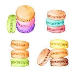 Set of delicious hand drawn french macarons in different compositions. Watercolor realistic illustration on white background. Sweet cookies.