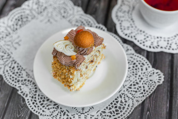 Sugar dessert concept. Baked cake on plate