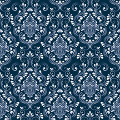 Vector blue damask seamless pattern background. Classical luxury old fashioned damask ornament, royal victorian seamless texture for wallpapers, textile, wrapping. Exquisite floral baroque template.