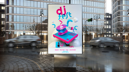 dj music festival advertisement on billboard on city downtown