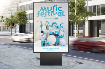 music event poster billboard on city street
