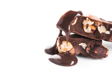 chocolate bars pouring syrup isolated