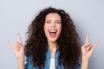 Close-up portrait of her she nice-looking cute charming attractive crazy comic cheerful positive...