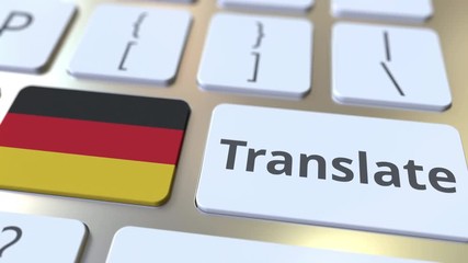 TRANSLATE text and flag of Gemany on the buttons on the computer keyboard. Conceptual 3D animation