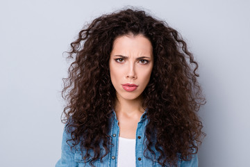 Close-up portrait of her she nice charming attractive serious tense wavy-haired girl plump lips...