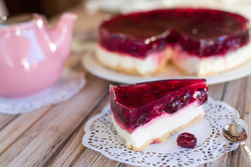 Cherry pie on plate. Delicious fresh cake with berries