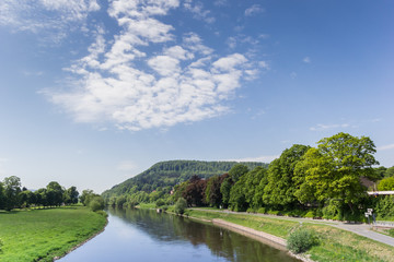 Fototapeta na wymiar River Weser and the landscape of the Weserbergland near Hoxter, Germany