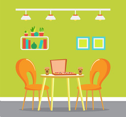 Pizza house with served food vector. Interior of pizzeria, picture in frame, shelf with books and printed materials. Coffee beverage in plastic cups