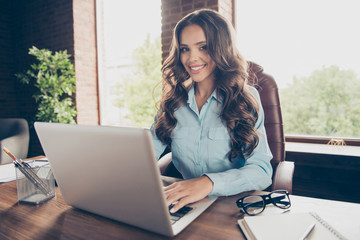 Close up photo beautiful she her business lady best boss got promotion first team meeting working day night on startup agreement investors sit big office chair  wearing specs formal wear suit shirt