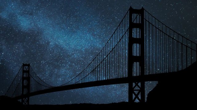 San Francisco: Golden Gate Bridge in Silhouette by Night with with Stars and Milky Way, the Famous and Most Photographed bridge in the World, California, USA