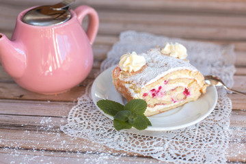Baked sugar food dessert on wooden plate. Cookies and pastry