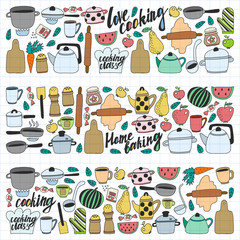 Vector set of children's kitchen and cooking drawings icons in doodle style. Painted, colorful, on a sheet of checkered paper on a white background.