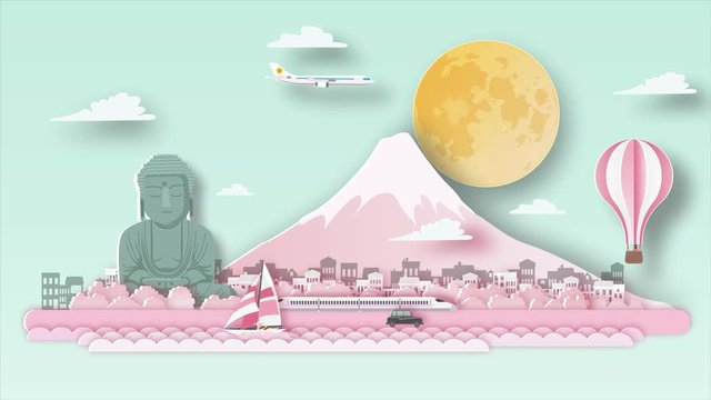 Japan Fuji cherry blossoms travel background video animation ,flat cartoon and paper art landmarks concept, motion graphic  background