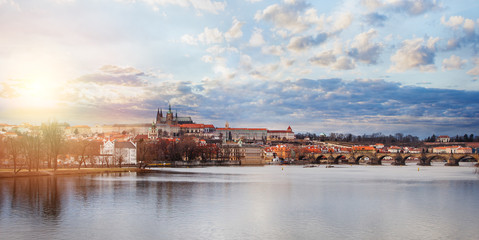 Fototapeta na wymiar Prague panorama. View of Charles Bridge and Vltava in Prague Czech Republic. Prague landmarks