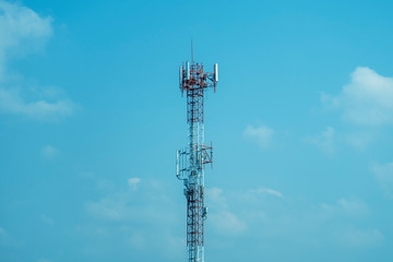 Mobile phone tower transmission  signal blue sky background and antenna