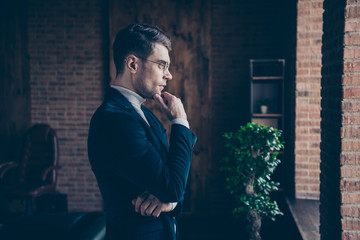 Profile side view portrait of nice handsome stylish guy eyeglasses eyewear shark specialist leader...