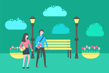 People walking in park vector, benches and lanterns, flower bed with plants, outdoors activities. Street with place to sit, couple man and woman strolling