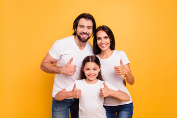 Portrait of nice beautiful winsome cool attractive cheerful people mom dad showing thumbup advert...