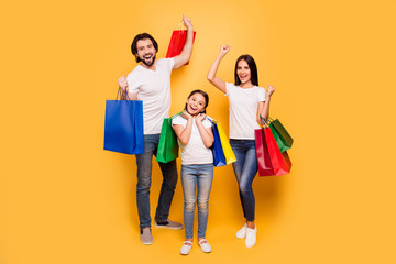 Full length body size view portrait of nice attractive trendy cheerful people holding in hands bags...