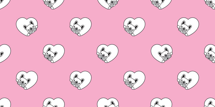 Dog seamless pattern french bulldog vector heart valentine scarf isolated repeat wallpaper tile background cartoon illustration pink