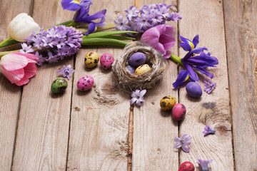 Easter eggs with spring flowers on wooden background